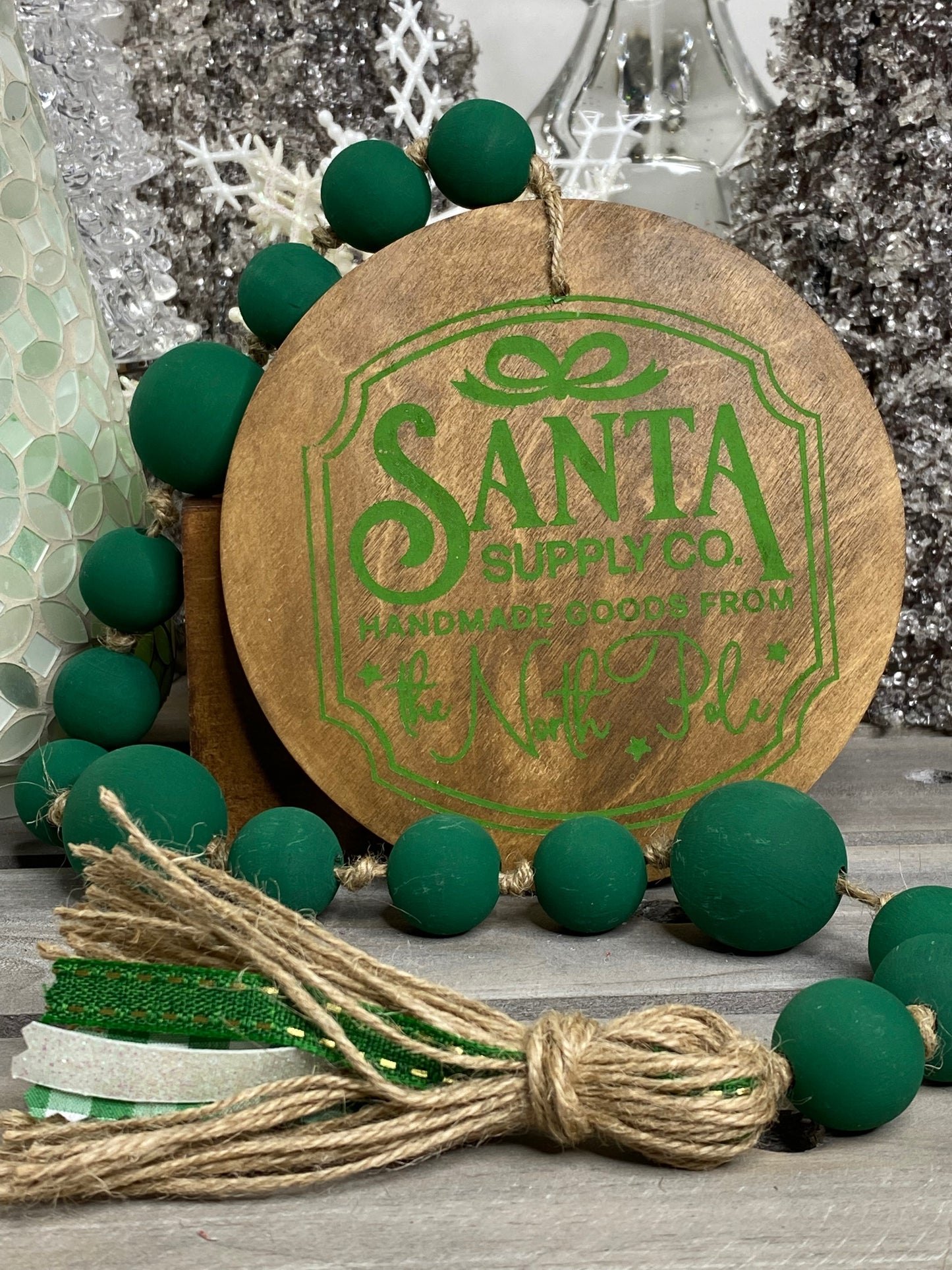 Joy to the World Wood Bead Garland Green
